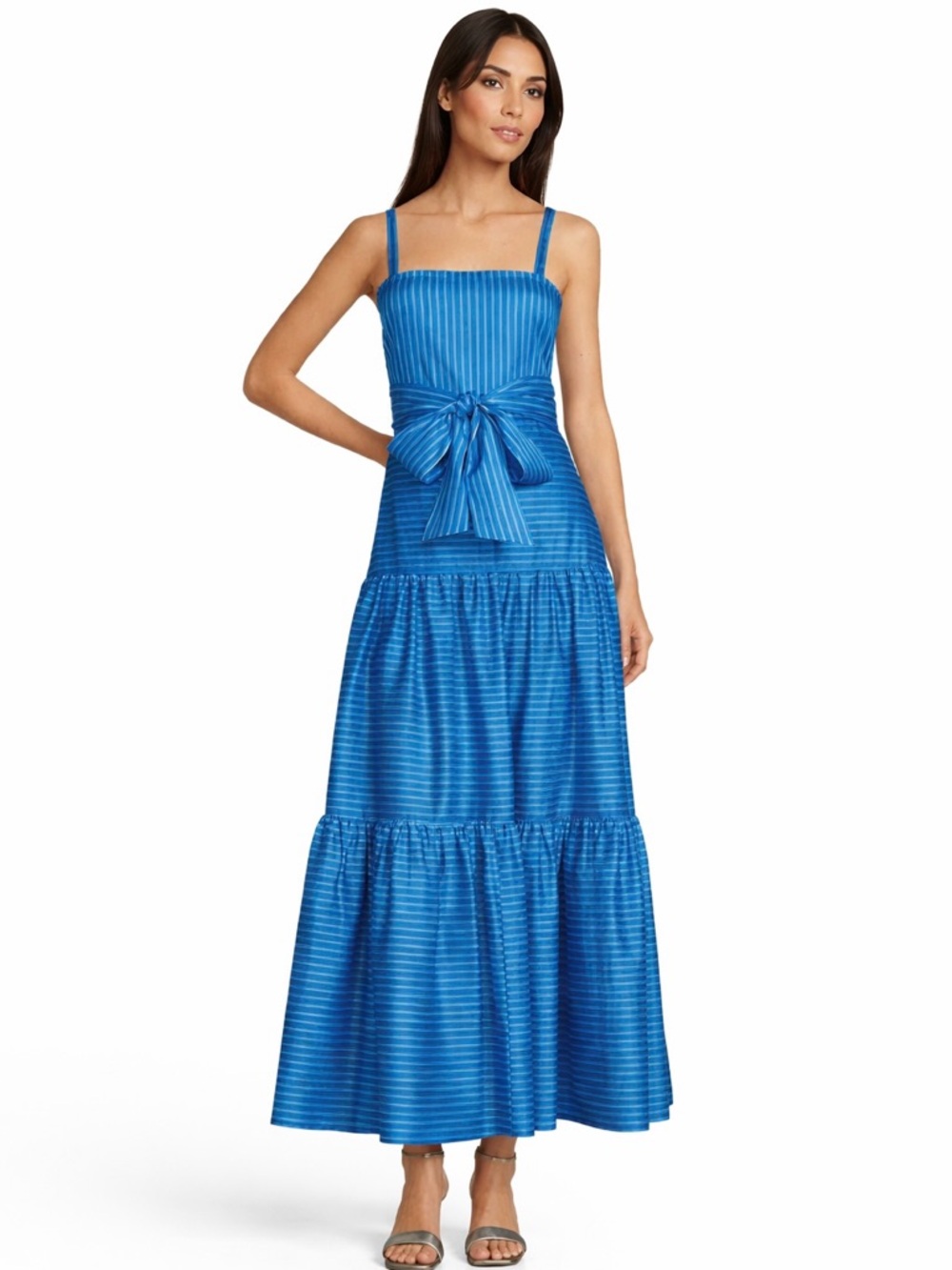 NWT‎ Belle Badgley Mischka Priya Ocean Blue Stripe Tiered Cotton Maxi Dress
